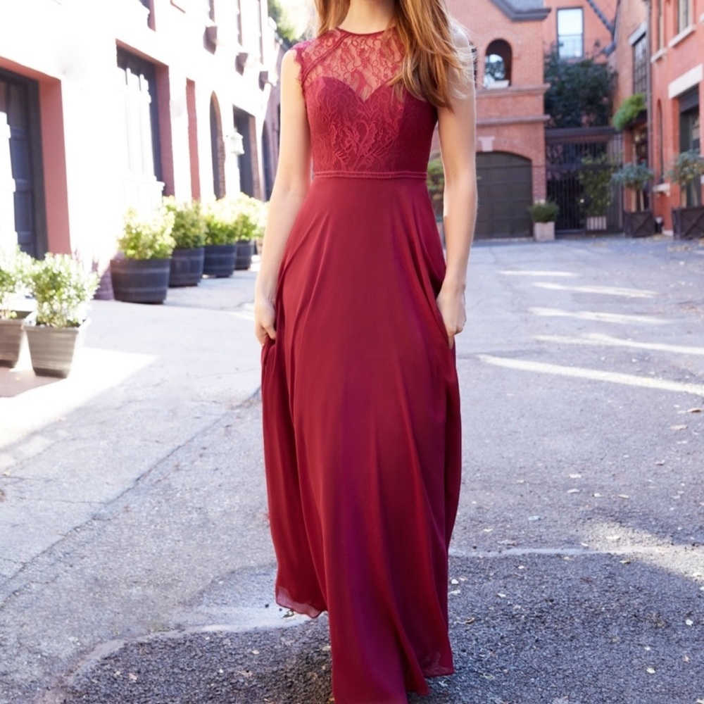Hailey Page Occasions burgundy lace chiffon formal maxi gown back cutout…